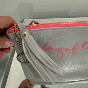 Stylish Gray Cosmetic Bag with Pink Accents